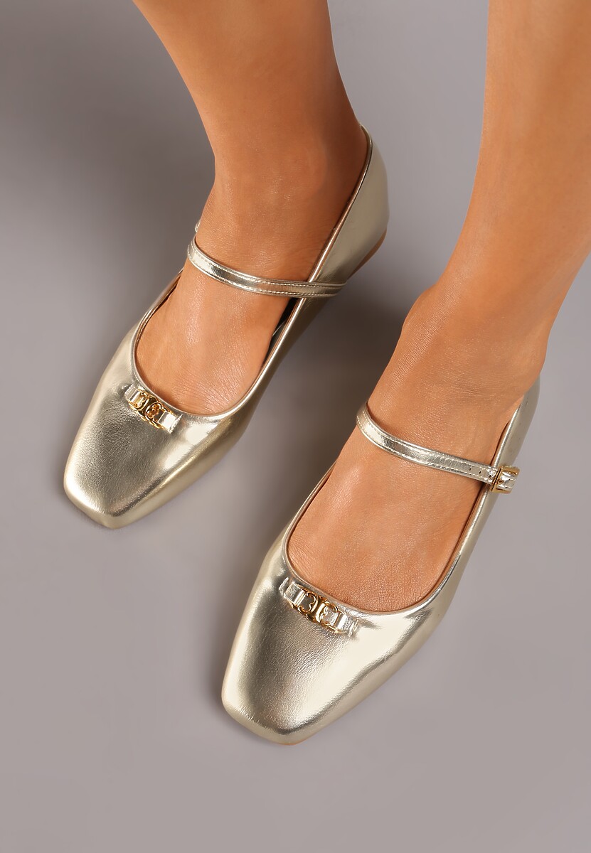 Złote Balerinki na Płaskiej Podeszwie z Paskiem i Metaliczną Aplikacją 3D Fenaria