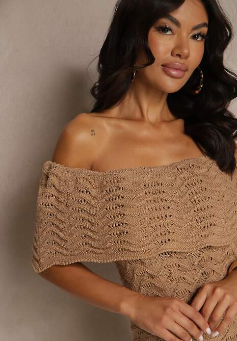 Ciemnobeżowa Sukienka Hiszpanka z Ażurowej Tkaniny z Ozdobnym Dekoltem Filadella