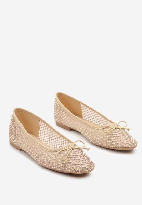 Ciemnobeżowe Siateczkowe Balerinki z Delikatnymi Cyrkoniami i Kokardką Senirithra