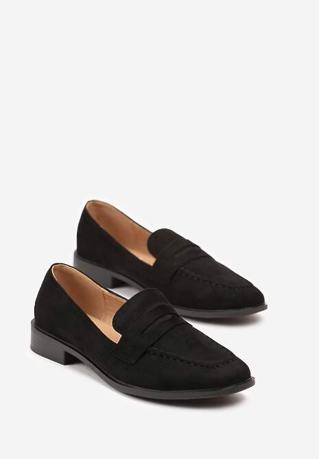 Czarne Wsuwane Mokasyny na Płaskiej Podeszwie z Przeszyciami Firana