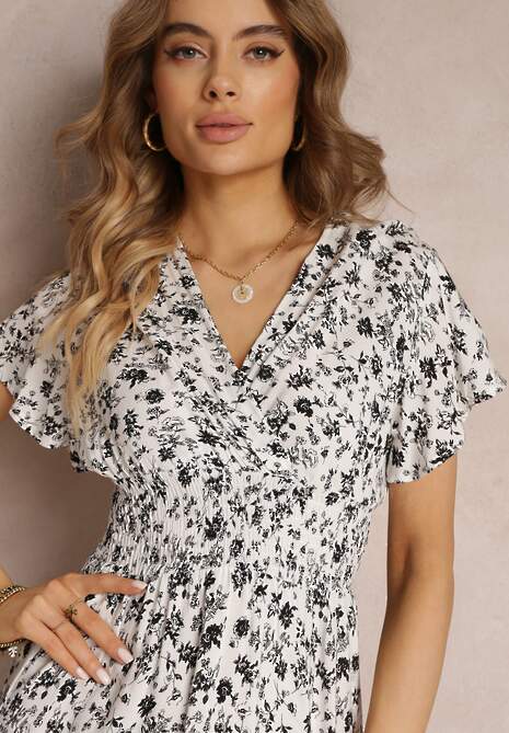 Biała Wiskozowa Sukienka Mini w Kwiaty z Gumką w Talii i Kopertową Górą Joslena