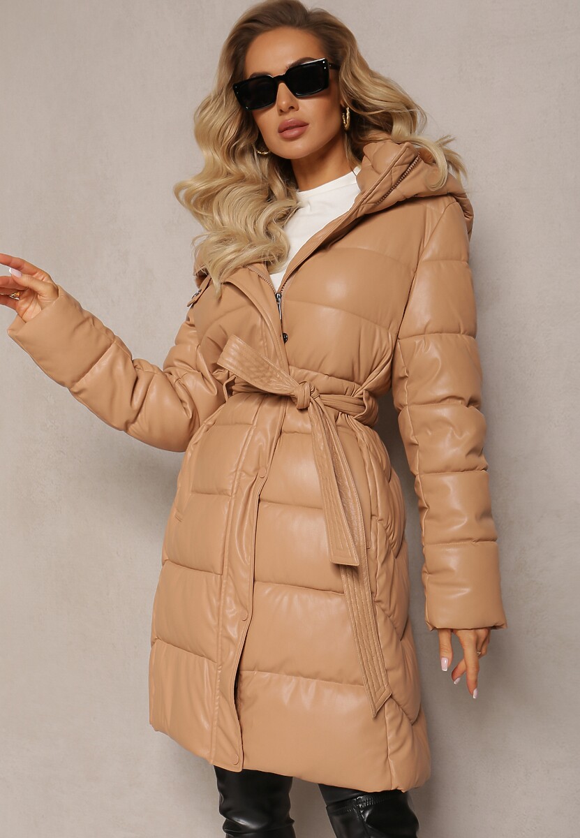 Czarna Wiskozowa Kurtka z Imitacji Skóry z Ozdobnym Pikowaniem z Paskiem i Kapturem Gersja