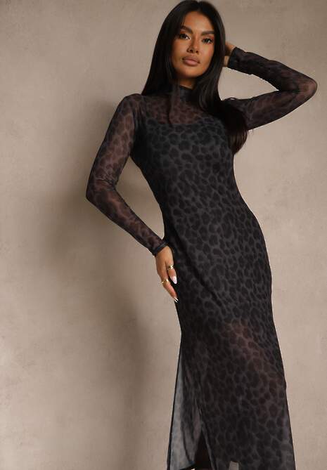 Czarna Panterkowa Sukienka Siateczkowa z Wiskozą o Dopasowanym Kroju Nalandra