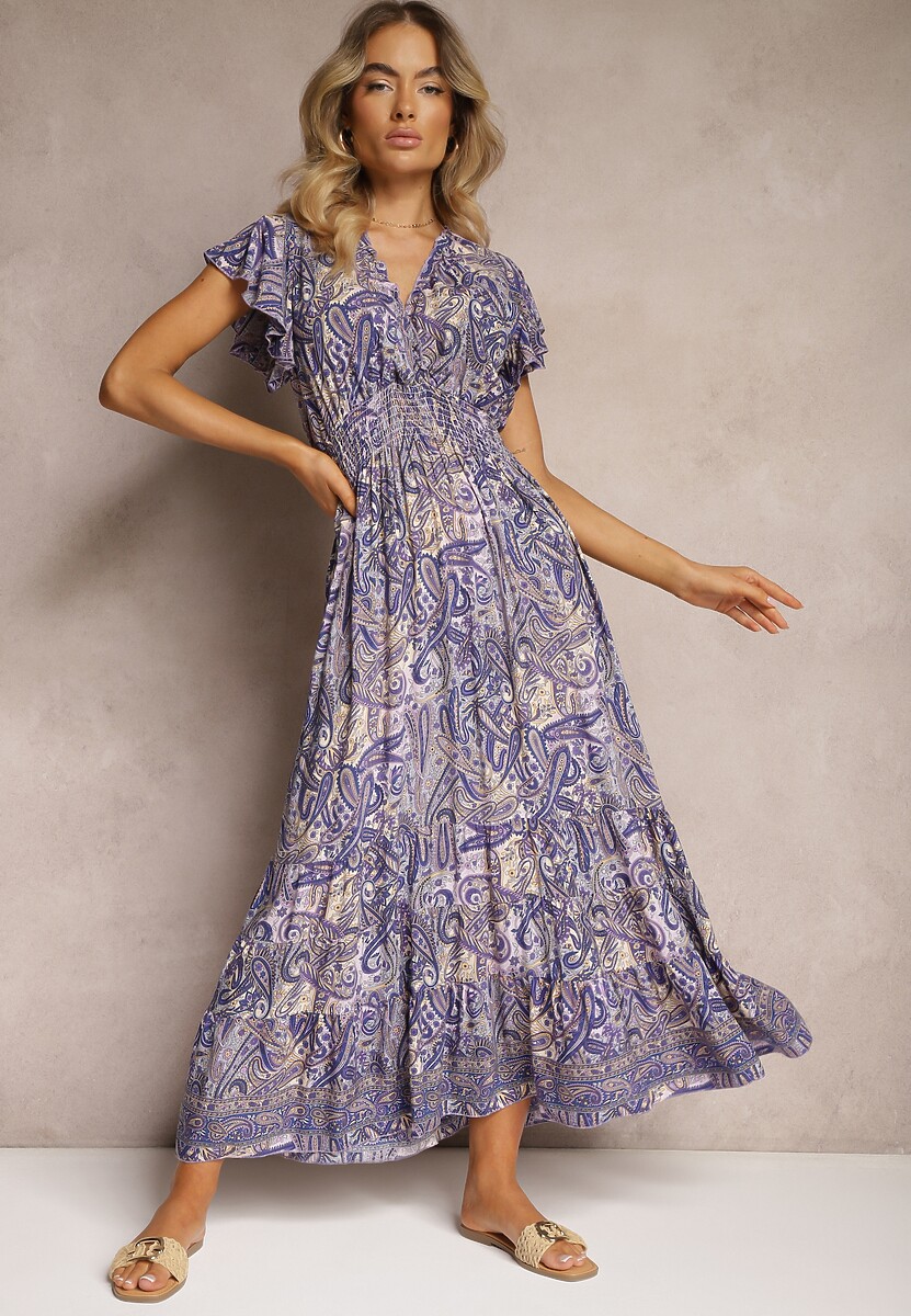 Zielona Bawełniana Sukienka Paisley z Kopertowym Dekoltem z Falbaną i Gumką w Talii Brionea