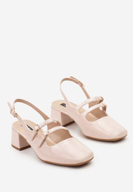 Beżowe Czółenka na Niskim Słupku ze Sprzączkami i Noskiem w Kwadrat Seraphela