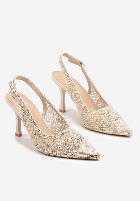 Beżowe Sandały na Szpilce Typu Slingback Ozdobione Siateczką Aranalia