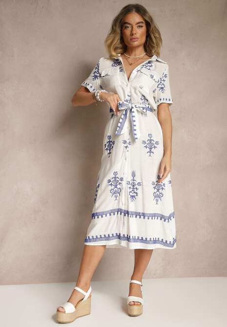 Biała Koszulowa Sukienka z Wiskozy Ozdobiona Paskiem i Haftem Divirea