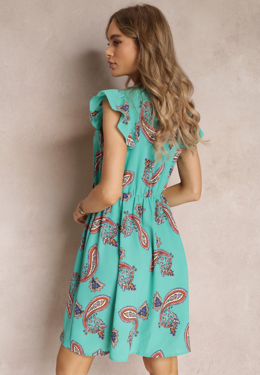 Miętowa Rozkloszowana Sukienka Mini we Wzór Paisley Rachelli