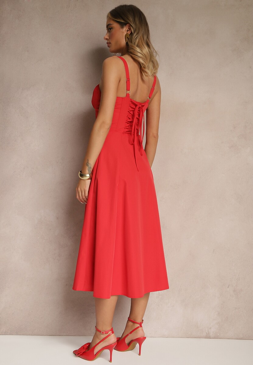 Czerwona Koktajlowa Sukienka Gorsetowa Vices z Rozkloszowanym Dołem Kolinnea