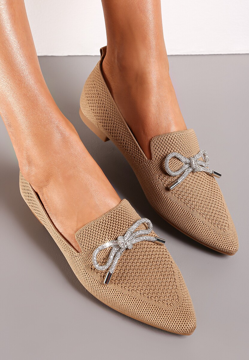 Ciemnobeżowe Balerinki na Płaskiej Podeszwie z Kokardką z Cyrkonii Preslia
