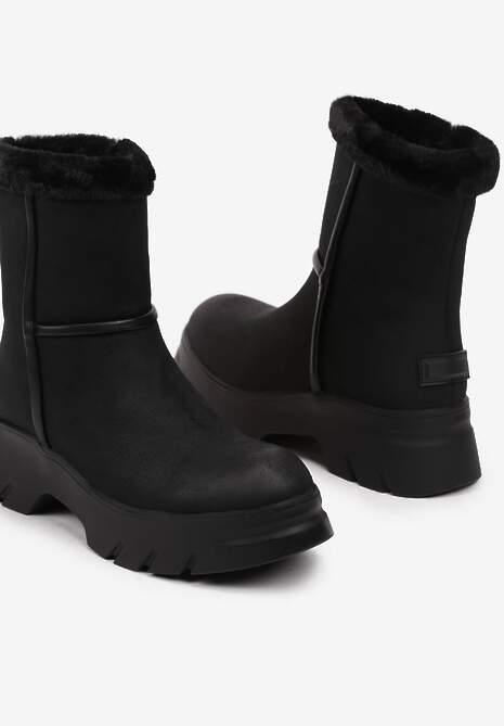 Czarne Śniegowce na Niskiej Platformie z Ozdobnym Futerkiem Revianna