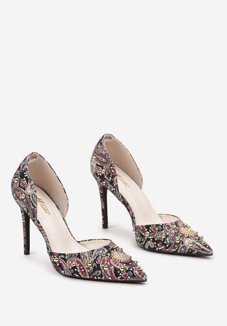 Czarne Szpilki z Noskiem w Szpic z Oryginalnym Wzorem z Cyrkoniami i Nitami Alfiratte