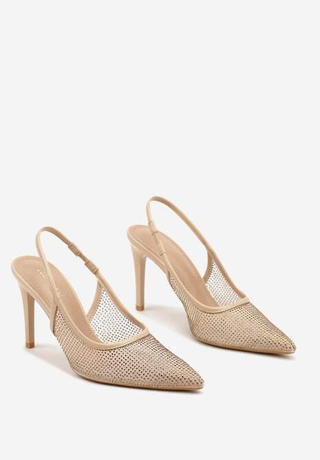 Beżowe Cyrkoniowe Szpilki ze Szpiczastym Noskiem i Odsłoniętą Piętą Sanaraia