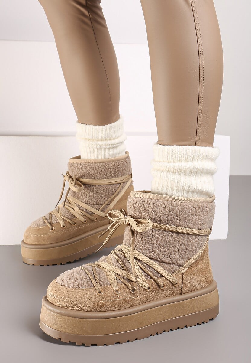 Ciemnobeżowe Śniegowce na Platformie Wykończone Sztucznym Futerkiem Terilani