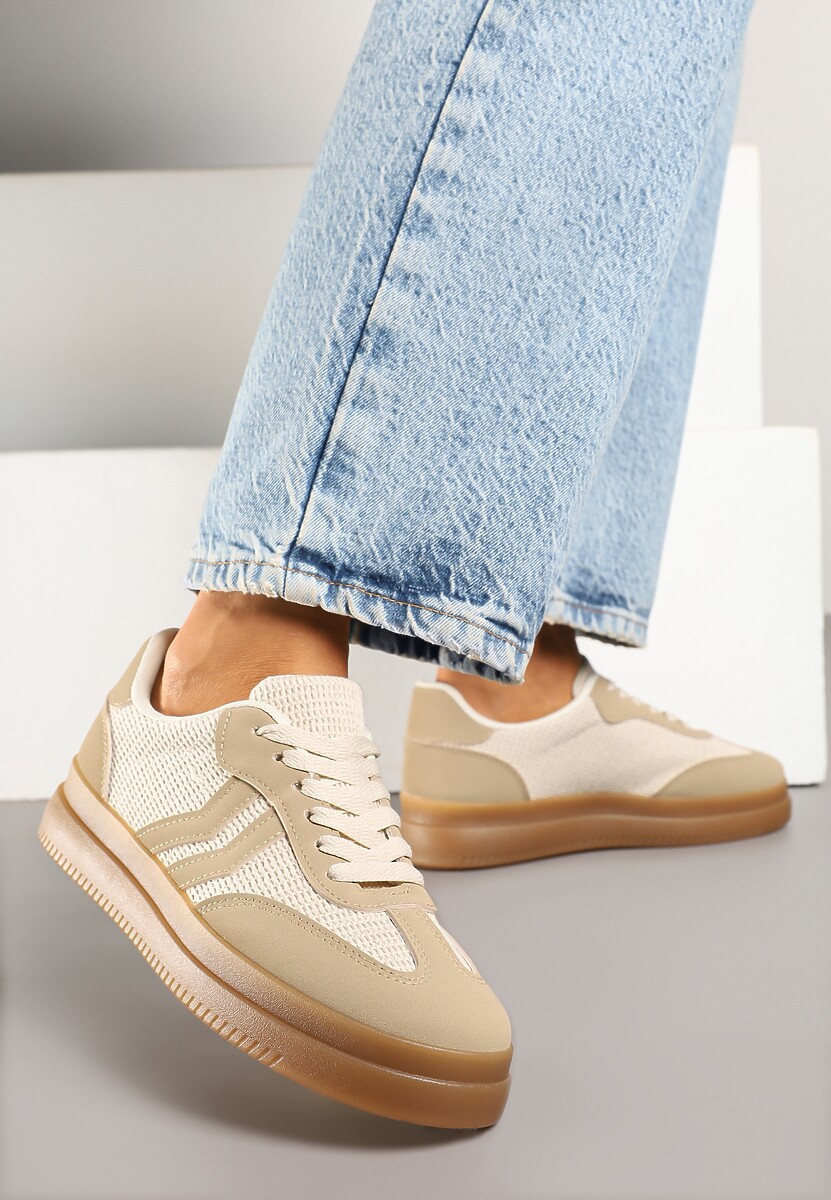 Ciemnobeżowe Sneakersy Ozdobione Paskami Sadleane