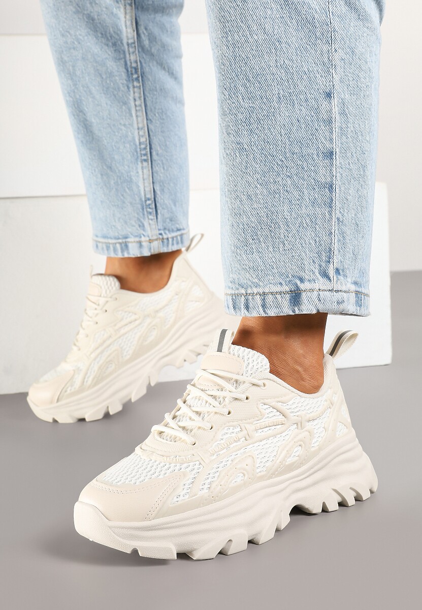 Beżowe Sneakersy z Siateczką i Tłoczeniem na Podeszwie Tulidi