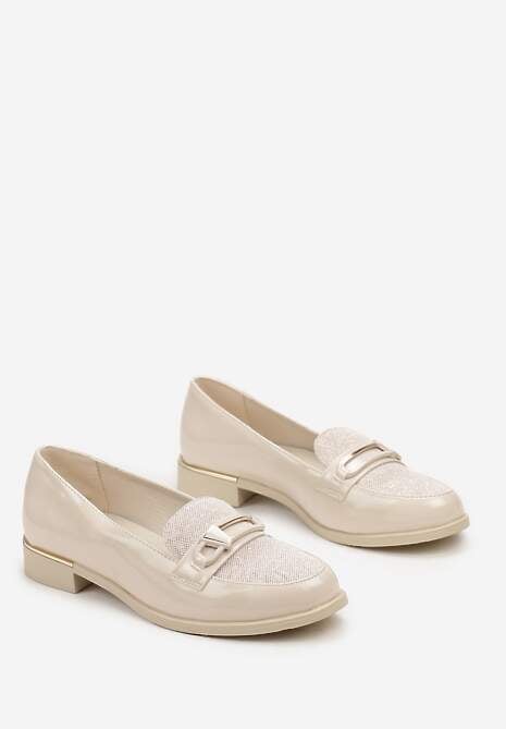 Beżowe Mokasyny z Metalowymi Złotymi Wstawkami i Brokatem Brilane