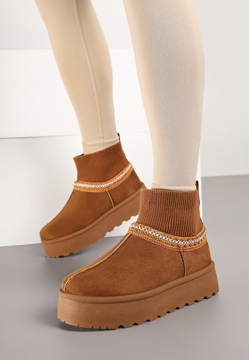 Brązowe Śniegowce na Platformie ze Skarpetową Cholewką Erevelis
