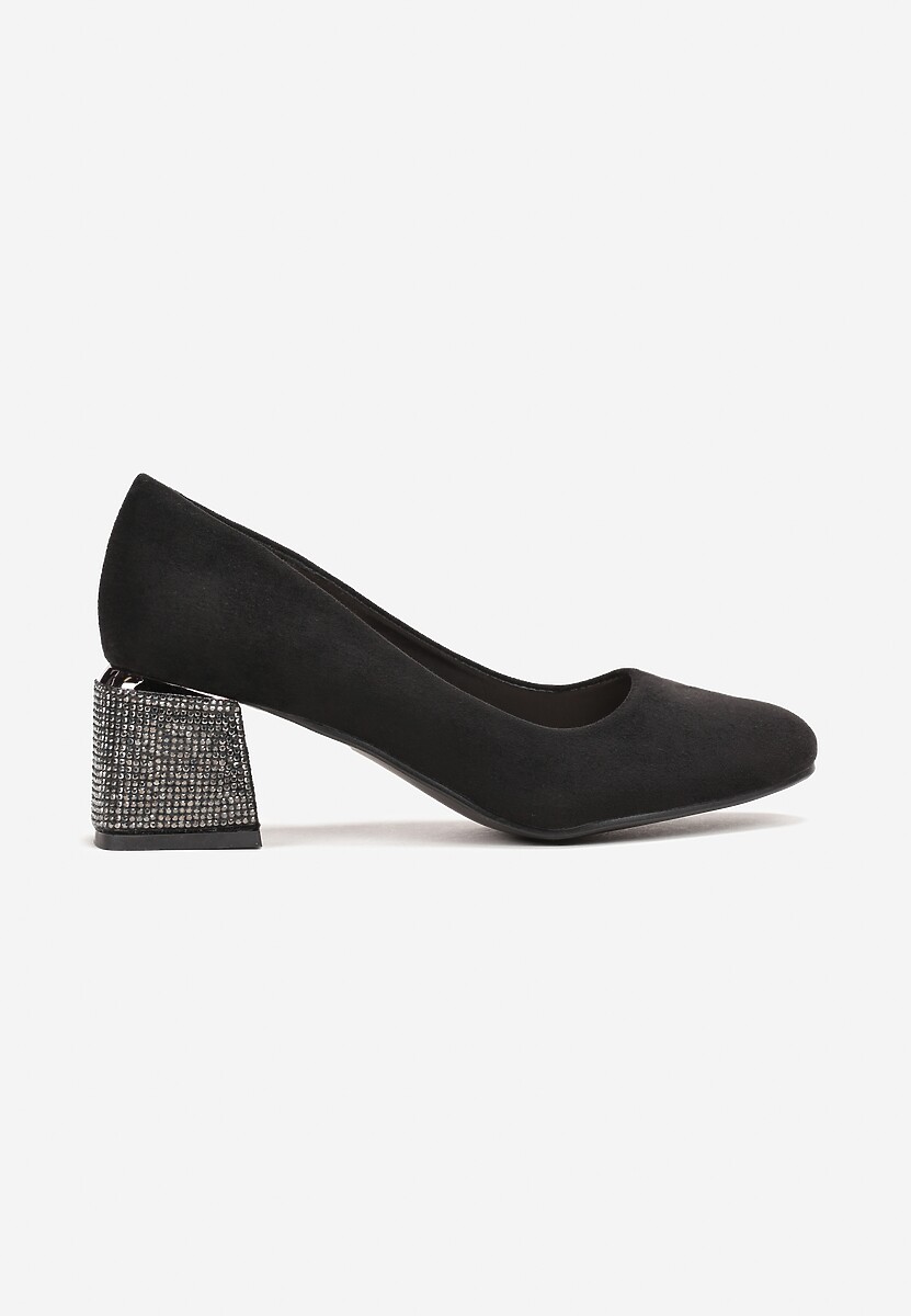 Czarne Czółenka na Słupku z Cyrkoniami i Wkładką ze Skóry Naturalnej Millu