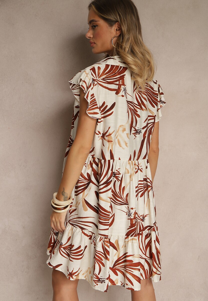 Brązowa Sukienka z Bawełną Lnem i Wiskozą w Liście Lilestia