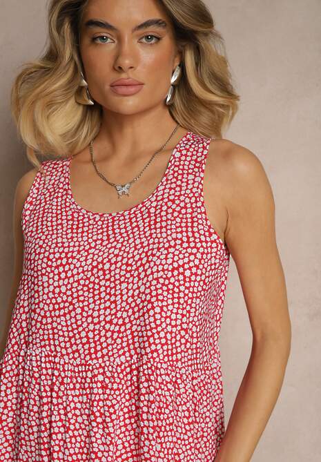 Czerwona Sukienka z Bawełny Ozdobiona Kwiatami i Falbaną Zeloria