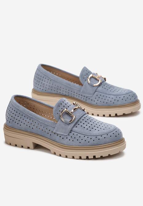 Niebieskie Ażurowe Mokasyny z Ekozamszu z Ozdobną Klamrą Vleggia