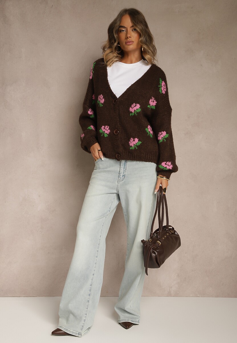 Brązowy Oversizowy Kardigan z Dodatkiem Wełny w Kwiaty Nelenesa