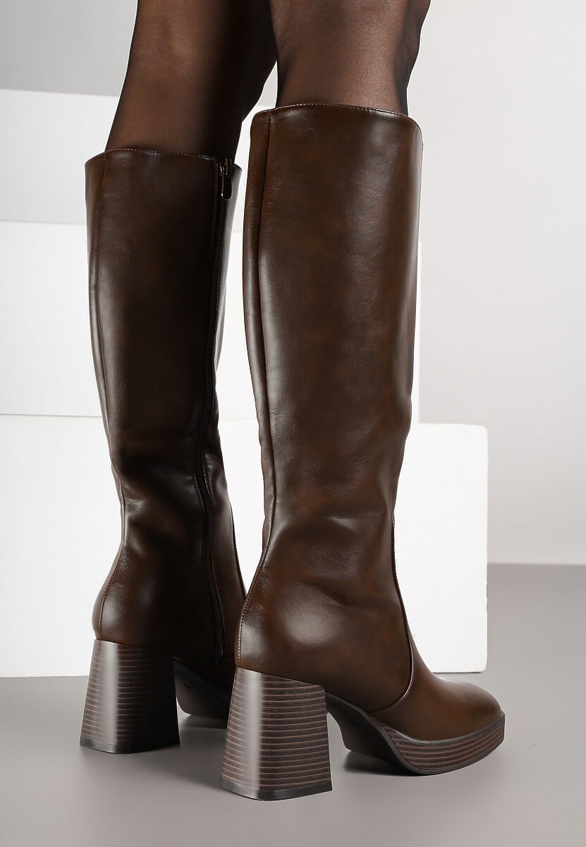 Ciemnobrązowe Kozaki na Słupku z Lekkim Ociepleniem Ansilaria