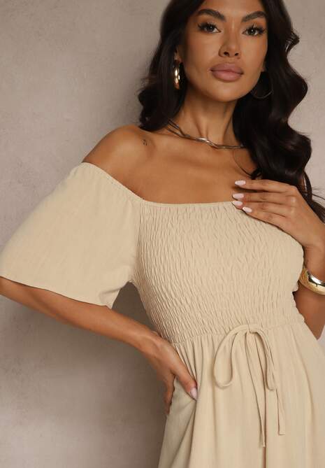 Beżowa Wiskozowa Sukienka z Lnem o Rozkloszowanym Kroju Koloreia