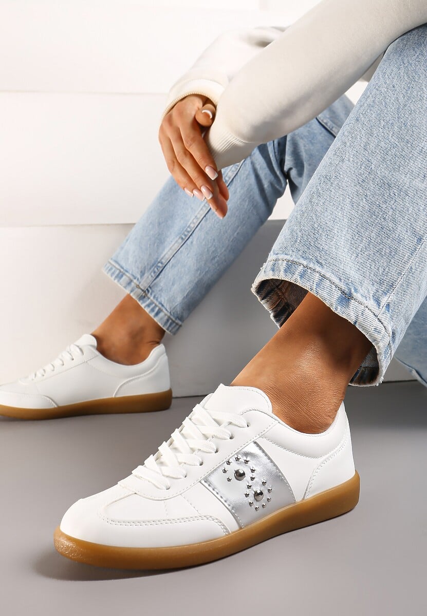 Biało-Złote Sneakersy na Płaskiej Podeszwie z Wiązaniem i Ozdobną Wstawką Drukesti