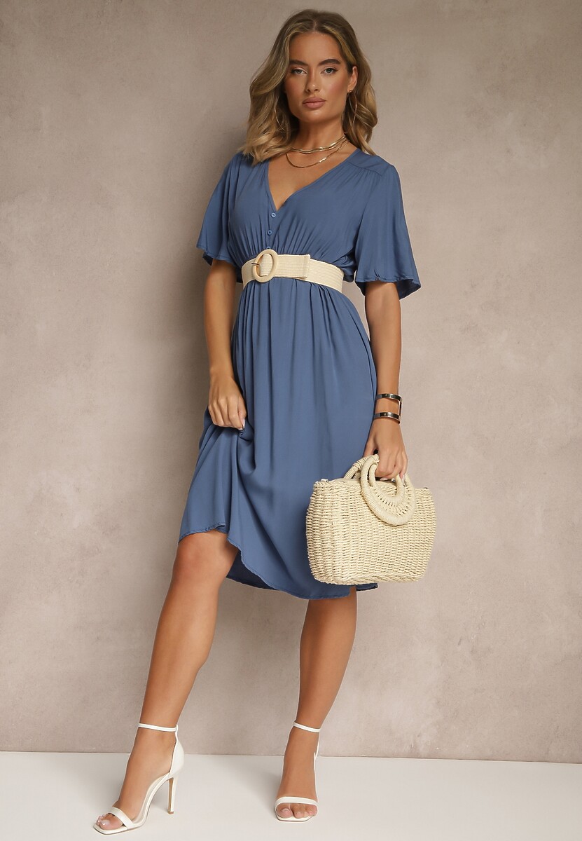 Granatowa Rozkloszowana Sukienka z Bawełnianej Tkaniny Lirioneae