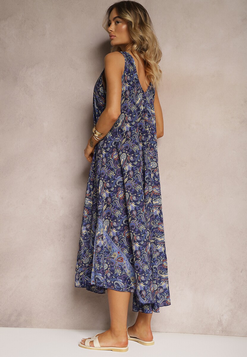 Granatowa Sukienka z Wiskozy o Rozkloszowanym Kroju Bez Rękawów Fradea