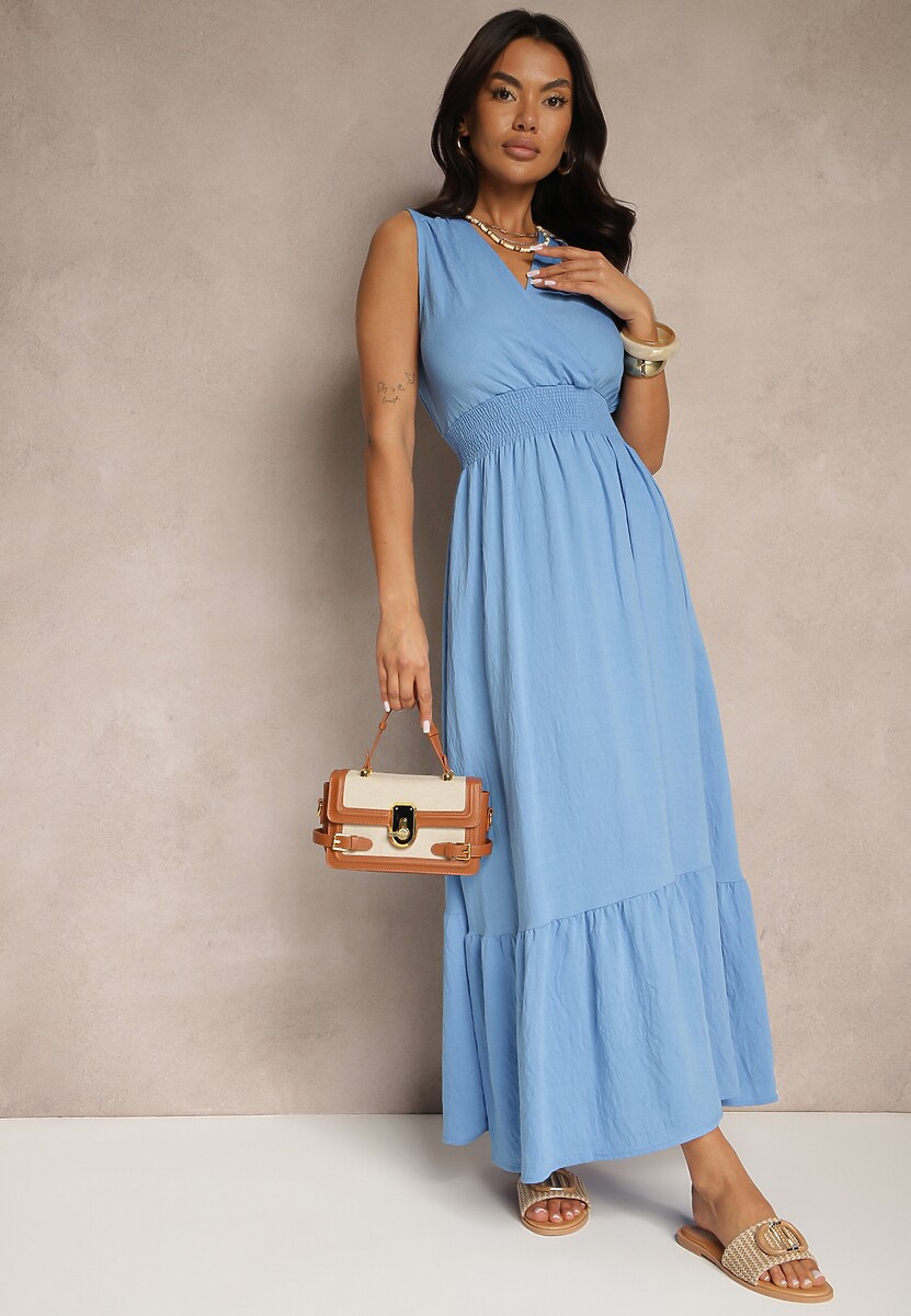 Niebieska Rozkloszowana Sukienka o Kopertowym Fasonie z Gumką w Talii Filadira