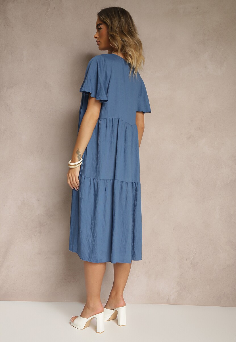 Niebieska Rozkloszowana Sukienka z Wiskozy z Dekoltem w Serek Natasella