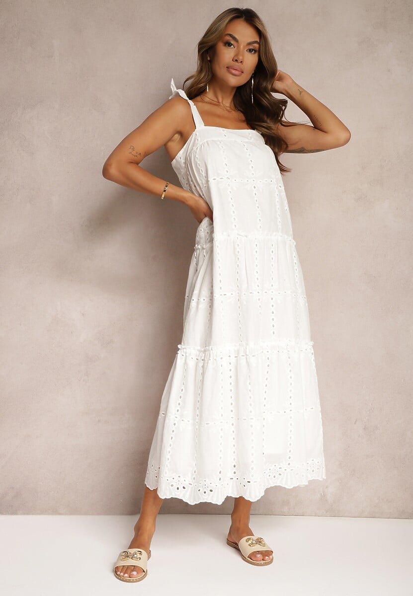 Biała Sukienka na Ramiączkach z Bawełny z Ozdobnym Haftem i Kokardkami Rennea