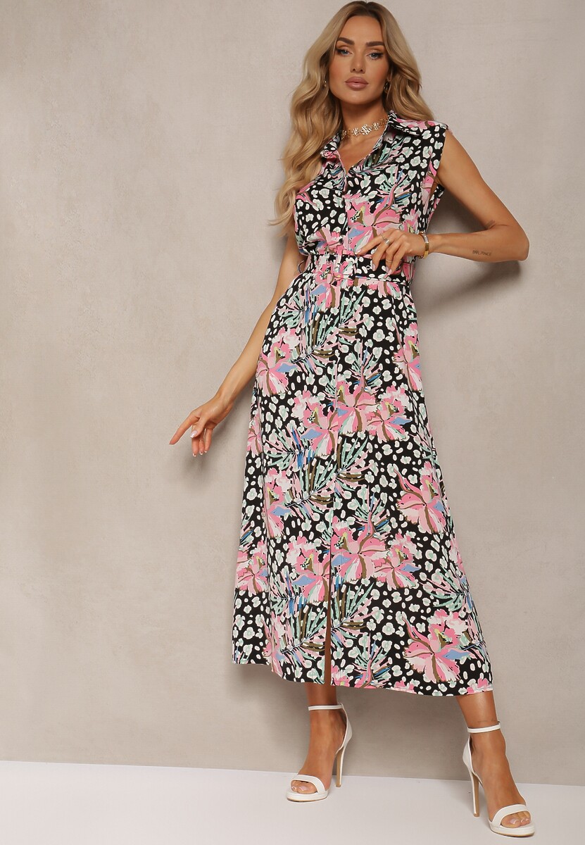 Czarno-Różowa Koszulowa Sukienka Zapinana na Guziki z Materiałowym Paskiem w Kwiaty Leapia