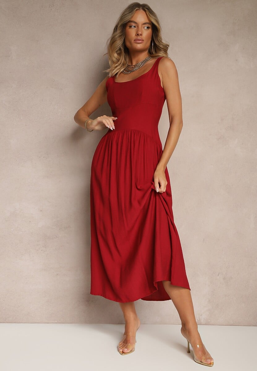 Bordowa Rozkloszowana Sukienka z Wiskozy Milunisa