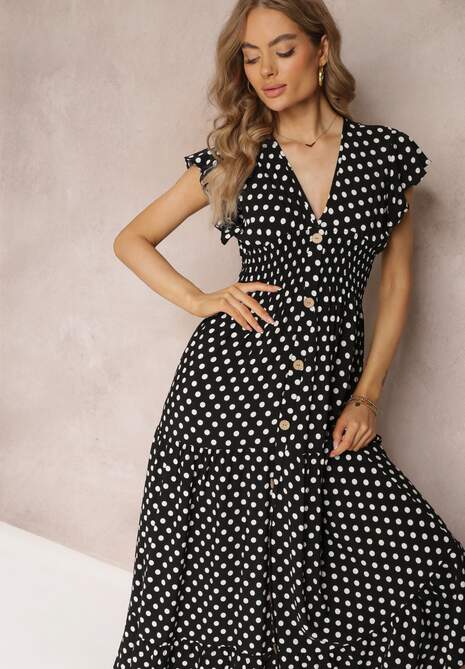 Czarna Rozkloszowana Sukienka Maxi w Kropki z Gumką w Talii Janey