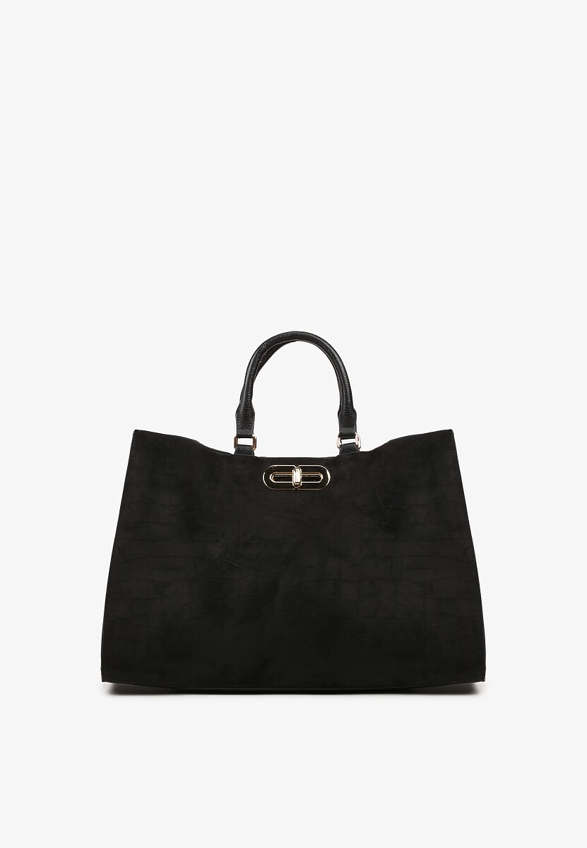 Czarna Torebka Typu Shopper z Imitacji Zamszu z Rączkami i Paskiem Crossbody Temige