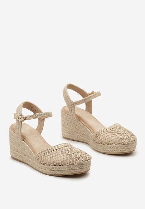Beżowe Sandały w Stylu Espadryli z Plecionym Noskiem i Koturnem Sargia