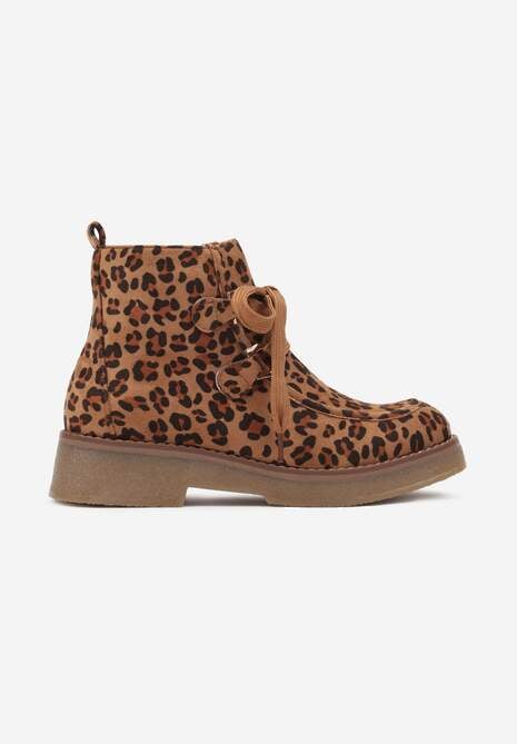 Brązowe Ocieplane Płaskie Botki Ozdobione Sznurowaniem i Wzorem w Panterkę Resivara