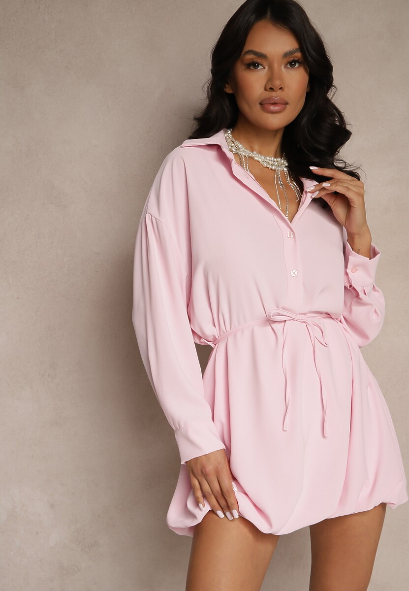 Różowa Sukienka Koszulowa o Fasonie Balloon z Wiązaniem w Talii Vorema