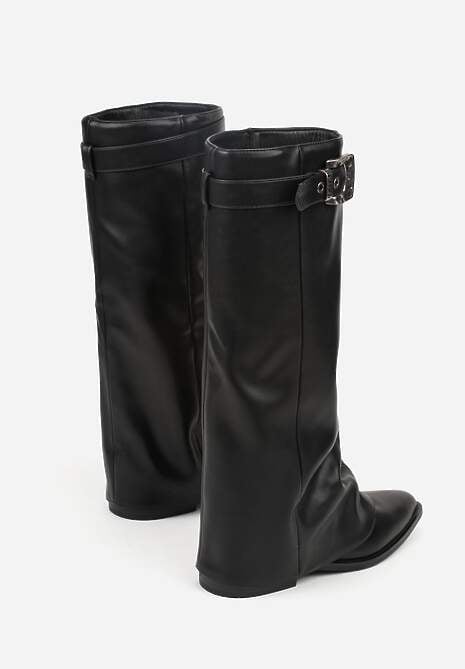 Czarne Kozaki ze Szpiczastym Noskiem i Wywiniętą Cholewką ze Sprzączką Tusenia