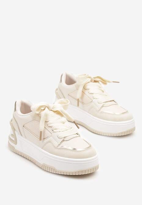 Beżowe Sneakersy na Platformie Ozdobionej Tłoczeniem Deovithra
