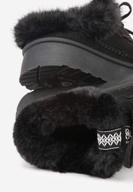 Czarne Rustykalne Śniegowce z Niską Cholewką Zdobione Futrem i Kokardą Tuspena