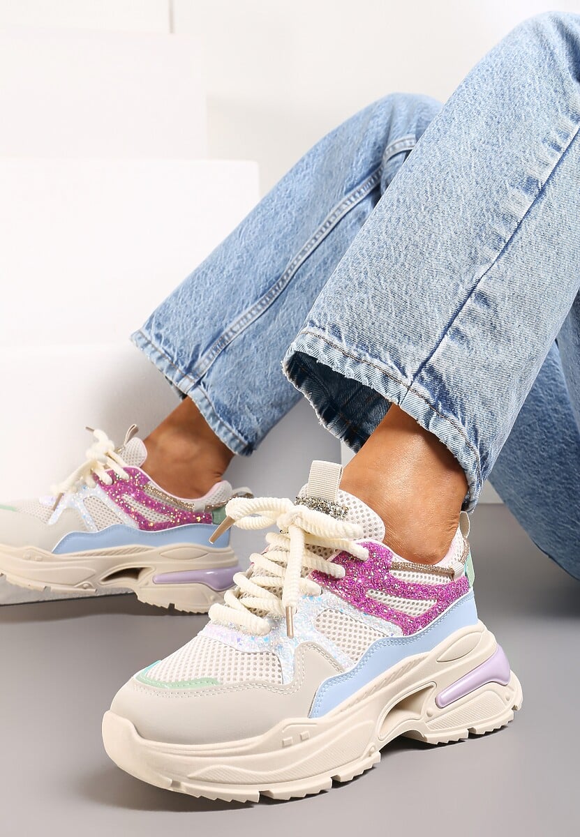 Beżowo-Różowe Sneakersy na Grubej Podeszwie z Siateczką i Błyszczącymi Detalami Xernnia