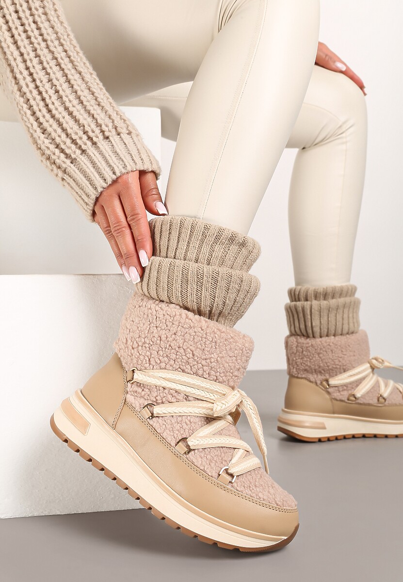 Ciemnobeżowe Futrzane Śniegowce ze Sznurowaniem Temivin