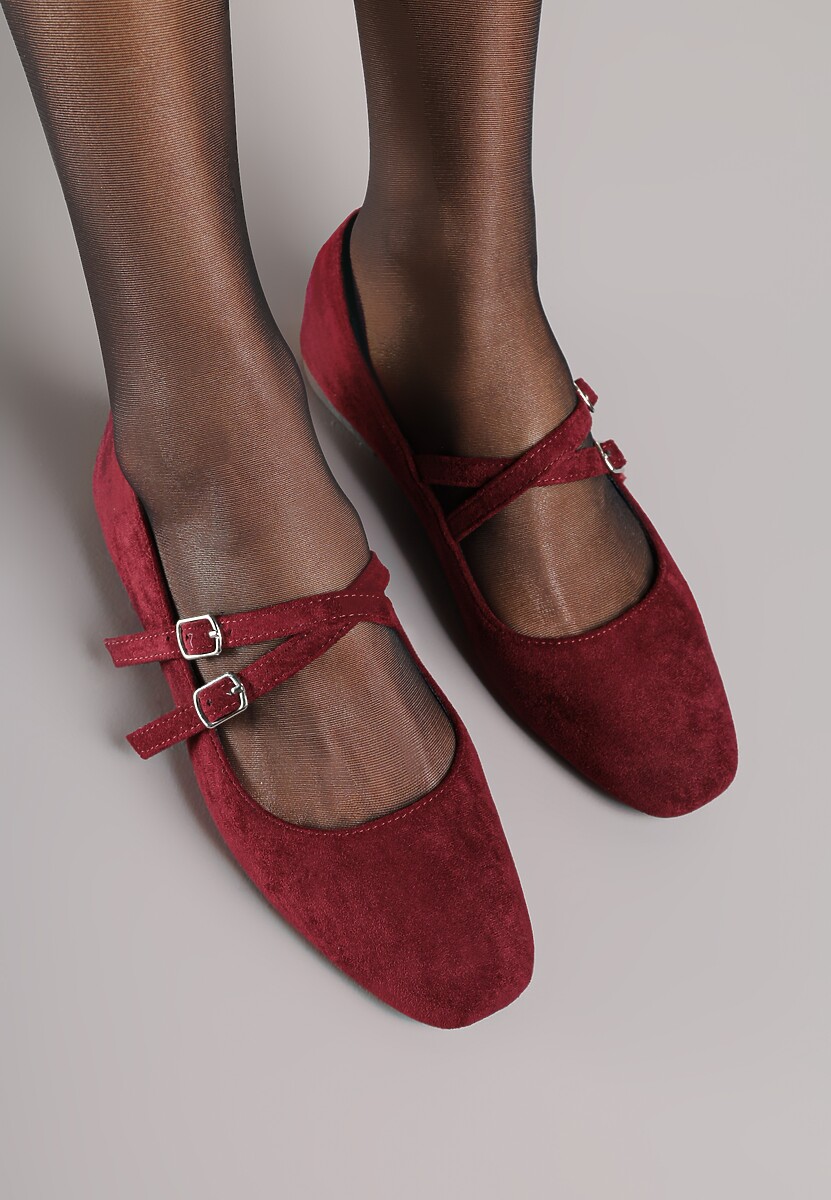 Bordowe Balerinki o Kwadratowym Nosku z Paskami i Eleganckimi Klamerkami Nailan