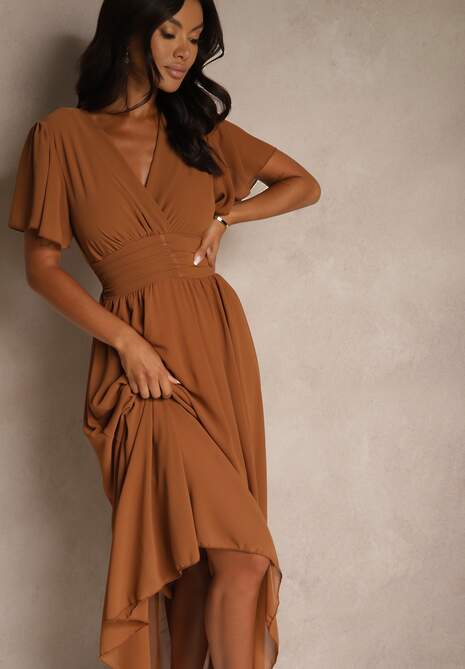 Brązowa Rozkloszowana Sukienka z Kopertowym Dekoltem Obillis
