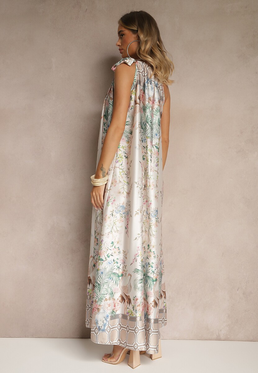 Biała Sukienka z Satyny Zdobiona Kwiatowym Wzorem i Wiązaniem Fenalesa